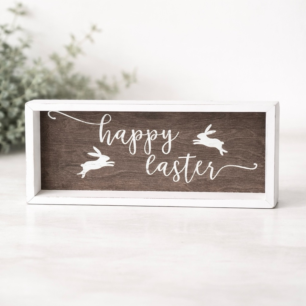 🐰 Easter Decor - “Happy Easter” Rustic/Farmhouse White/Taupe Wood Sign